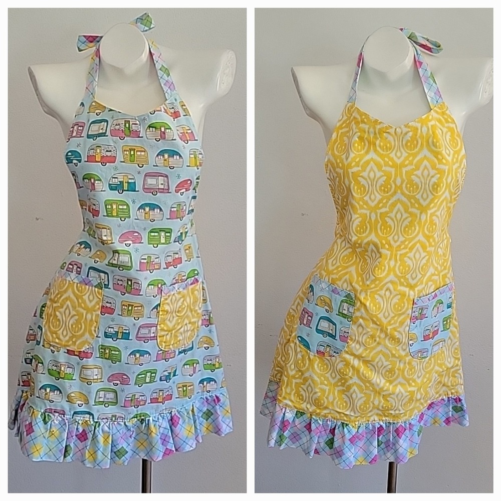 Handmade Halter Apron Retro Campers Damask Print Reversible Self Tie Mod Foodie